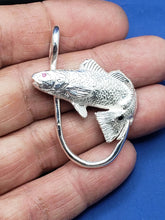 Load image into Gallery viewer, Large Unique Sterling Silver Curved Red Fish  Red Stone on Eye and Black onyx on Spot With Fish Hook Pendant