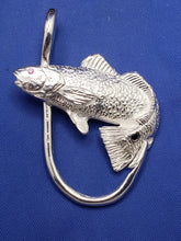 Load image into Gallery viewer, Large Unique Sterling Silver Curved Red Fish  Red Stone on Eye and Black onyx on Spot With Fish Hook Pendant