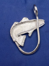 Load image into Gallery viewer, Large Unique Sterling Silver Curved Red Fish  Red Stone on Eye and Black onyx on Spot With Fish Hook Pendant