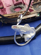 Load image into Gallery viewer, Large Unique Sterling Silver Curved Red Fish  Red Stone on Eye and Black onyx on Spot With Fish Hook Pendant
