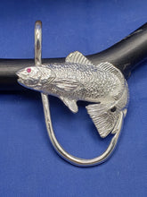 Load image into Gallery viewer, Large Unique Sterling Silver Curved Red Fish  Red Stone on Eye and Black onyx on Spot With Fish Hook Pendant