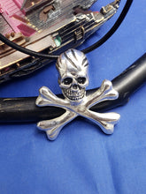 Load image into Gallery viewer, Sterling Silver Large Pirate Skull and Bones Pendant with Hidden Bail  Necklace 1.5" x 1.3" (Comes with Free Leather Cord)