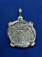 Load image into Gallery viewer, Sterling Silver Replica 1715 Fleet Shipwreck Pirate Coin Pendant with Emeralds on Bezel