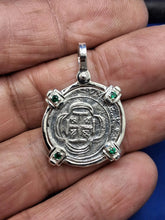 Load image into Gallery viewer, Sterling Silver Replica 1715 Fleet Shipwreck Pirate Coin Pendant with Emeralds on Bezel
