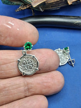 Load image into Gallery viewer, Sterling Silver Small Atocha Shipwreck Reproduction Coins With Imitation Emerald Screw Backs Earrings.