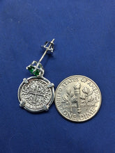 Load image into Gallery viewer, Sterling Silver Small Atocha Shipwreck Reproduction Coins With Imitation Emerald Screw Backs Earrings.