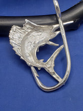 Load image into Gallery viewer, Large Unique Sterling Silver Curved Sail Fish with Blue Eye and Fish Hook Pendant
