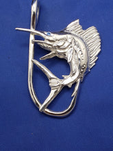 Load image into Gallery viewer, Large Unique Sterling Silver Curved Sail Fish with Blue Eye and Fish Hook Pendant