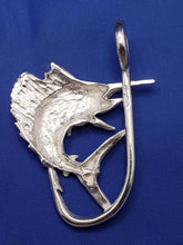 Load image into Gallery viewer, Large Unique Sterling Silver Curved Sail Fish with Blue Eye and Fish Hook Pendant
