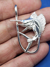 Load image into Gallery viewer, Large Unique Sterling Silver Curved Sail Fish with Blue Eye and Fish Hook Pendant