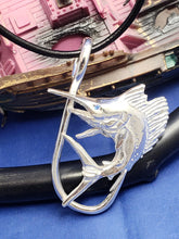 Load image into Gallery viewer, Large Unique Sterling Silver Curved Sail Fish with Blue Eye and Fish Hook Pendant