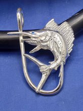 Load image into Gallery viewer, Large Unique Sterling Silver Curved Sail Fish with Blue Eye and Fish Hook Pendant