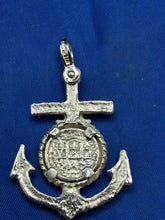 Load image into Gallery viewer, Sterling Silver Anchor With Skull and Bones Small Reproduction Atocha Shipwreck Coin Pendant.