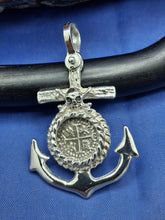 Load image into Gallery viewer, Sterling Silver Anchor With Skull and Bones Small Reproduction Atocha Shipwreck Coin Pendant.