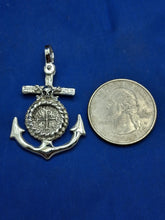 Load image into Gallery viewer, Sterling Silver Anchor With Skull and Bones Small Reproduction Atocha Shipwreck Coin Pendant.