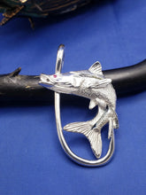 Load image into Gallery viewer, Large Unique Sterling Silver Curved Snook with Ruby Eye and Fish Hook Pendant