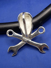 Load image into Gallery viewer, Sterling Silver Large Pirate Skull and Wrench Pendant with Hidden Bail Mechanic's Necklace 1.5" x 1.5" (Comes with Free Leather Cord)
