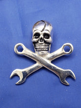 Load image into Gallery viewer, Sterling Silver Large Pirate Skull and Wrench Pendant with Hidden Bail Mechanic's Necklace 1.5" x 1.5" (Comes with Free Leather Cord)