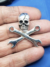 Load image into Gallery viewer, Sterling Silver Large Pirate Skull and Wrench Pendant with Hidden Bail Mechanic's Necklace 1.5" x 1.5" (Comes with Free Leather Cord)