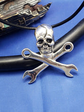 Load image into Gallery viewer, Sterling Silver Large Pirate Skull and Wrench Pendant with Hidden Bail Mechanic's Necklace 1.5" x 1.5" (Comes with Free Leather Cord)