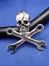 Load image into Gallery viewer, Sterling Silver Large Pirate Skull and Wrench Pendant with Hidden Bail Mechanic's Necklace 1.5" x 1.5" (Comes with Free Leather Cord)