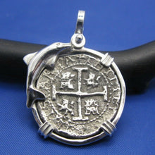 Load image into Gallery viewer, Sterling Silver Spanish Pirate Coin Reproduction with Dolphin Bezel Pendant