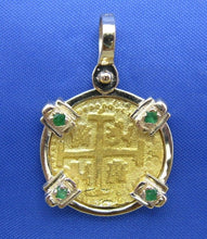 Load image into Gallery viewer, Solid 24k Gold Escudo Reproduction in Custom 14k Genuine Emerald Set Bezel Ladies High End Nautical Shipwreck Pendant