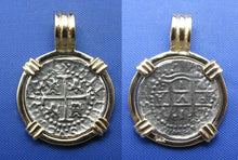 Load image into Gallery viewer, Small "1 Reale" Quality Reproduction of Atocha Shipwreck Coin in 14k Yellow Gold  Bezel with Barrel Bail Handmade by Crisol Jewelry