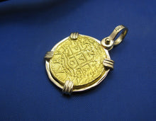 Load image into Gallery viewer, 24k Gold 2 Escudo Sized Reproduction in 14k Gold Bezel