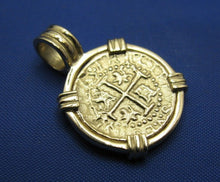 Load image into Gallery viewer, Small "1 Reale" Quality Reproduction of 14k Solid Gold Atocha Shipwreck Coin inside 14k Yellow Gold  Bezel with Barrel Bail Nautical Pendant