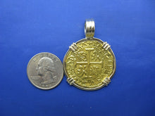 Load image into Gallery viewer, Large Quality 24k Solid Gold Escudo Hand Bezeled in Contrasting 14k Custom Bezel Colonial Era Pirate Coin Jewelry Pendant by Crisol Jewelry
