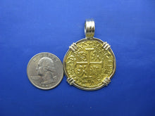 Load image into Gallery viewer, Large Quality 24k Solid Gold Escudo Hand Bezeled in Contrasting 14k Custom Bezel Colonial Era Pirate Coin Jewelry Pendant by Crisol Jewelry
