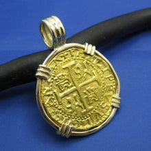 Load image into Gallery viewer, Large Quality 24k Solid Gold Escudo Hand Bezeled in Contrasting 14k Custom Bezel Colonial Era Pirate Coin Jewelry Pendant by Crisol Jewelry