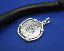 Load image into Gallery viewer, Sterling Silver Hand Bezeled "2 Reale" Shipwreck Reproduction Coin Pendant with Faded Markings
