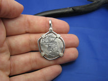 Load image into Gallery viewer, Sterling Silver Hand Bezeled "2 Reale" Shipwreck Reproduction Coin Pendant with Faded Markings