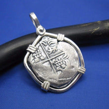 Load image into Gallery viewer, Sterling Silver Hand Bezeled "2 Reale" Shipwreck Reproduction Coin Pendant with Faded Markings