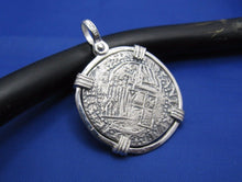 Load image into Gallery viewer, Sterling Silver Hand Bezeled Round "4 Reale" Reproduction Coin Pendant 1.5" x 1.1"