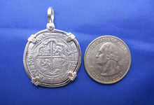Load image into Gallery viewer, Sterling Silver Hand Bezeled Round &quot;4 Reale&quot; Reproduction Coin Pendant 1.5&quot; x 1.1&quot;
