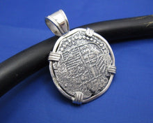Load image into Gallery viewer, Sterling Silver Hand Bezeled "4 Reale" Pirate Reproduction Coin Pendant with Stationary Bail 1.5" x 1.1"