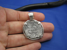 Load image into Gallery viewer, Sterling Silver Hand Bezeled "4 Reale" Pirate Reproduction Coin Pendant with Stationary Bail 1.5" x 1.1"