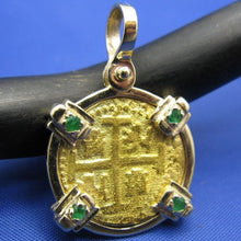 Load image into Gallery viewer, Solid 24k Gold Escudo Reproduction in Custom 14k Genuine Emerald Set Bezel Ladies High End Nautical Shipwreck Pendant