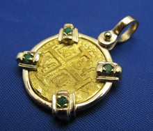 Load image into Gallery viewer, Solid 24k Gold Escudo Reproduction in Custom 14k Genuine Emerald Set Bezel Ladies High End Nautical Shipwreck Pendant