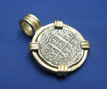 Load image into Gallery viewer, Small "1 Reale" Quality Reproduction of Atocha Shipwreck Coin in 14k Yellow Gold  Bezel with Barrel Bail Handmade by Crisol Jewelry