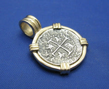 Load image into Gallery viewer, Small "1 Reale" Quality Reproduction of Atocha Shipwreck Coin in 14k Yellow Gold  Bezel with Barrel Bail Handmade by Crisol Jewelry