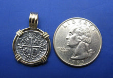 Load image into Gallery viewer, Small "1 Reale" Quality Reproduction of Atocha Shipwreck Coin in 14k Yellow Gold  Bezel with Barrel Bail Handmade by Crisol Jewelry