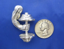 Load image into Gallery viewer, Large Heavy Sterling Silver Unique Muscle Weight Lifter Arm with Barbell Pendant