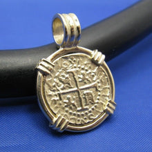 Load image into Gallery viewer, Small "1 Reale" Quality Reproduction of 14k Solid Gold Atocha Shipwreck Coin inside 14k Yellow Gold  Bezel with Barrel Bail Nautical Pendant