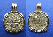 Load image into Gallery viewer, Small "1 Reale" Quality Reproduction of 14k Solid Gold Atocha Shipwreck Coin inside 14k Yellow Gold  Bezel with Barrel Bail Nautical Pendant