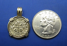 Load image into Gallery viewer, Small "1 Reale" Quality Reproduction of 14k Solid Gold Atocha Shipwreck Coin inside 14k Yellow Gold  Bezel with Barrel Bail Nautical Pendant
