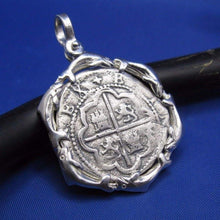 Load image into Gallery viewer, Sterling Silver Dolphin Wrapped Bezel with Reproduction "2 Reale" Shipwreck Coin
